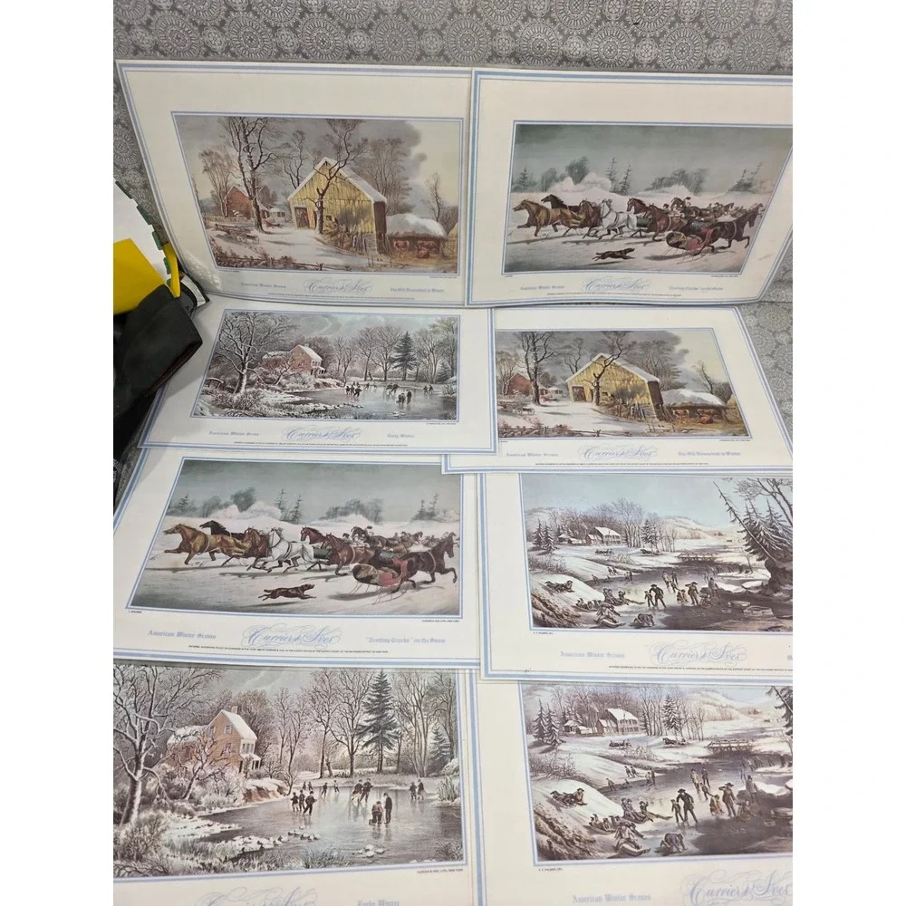 8 Vintage Christmas Placemats Winter Scene Holly‎ Candle Decor Currier & Ives